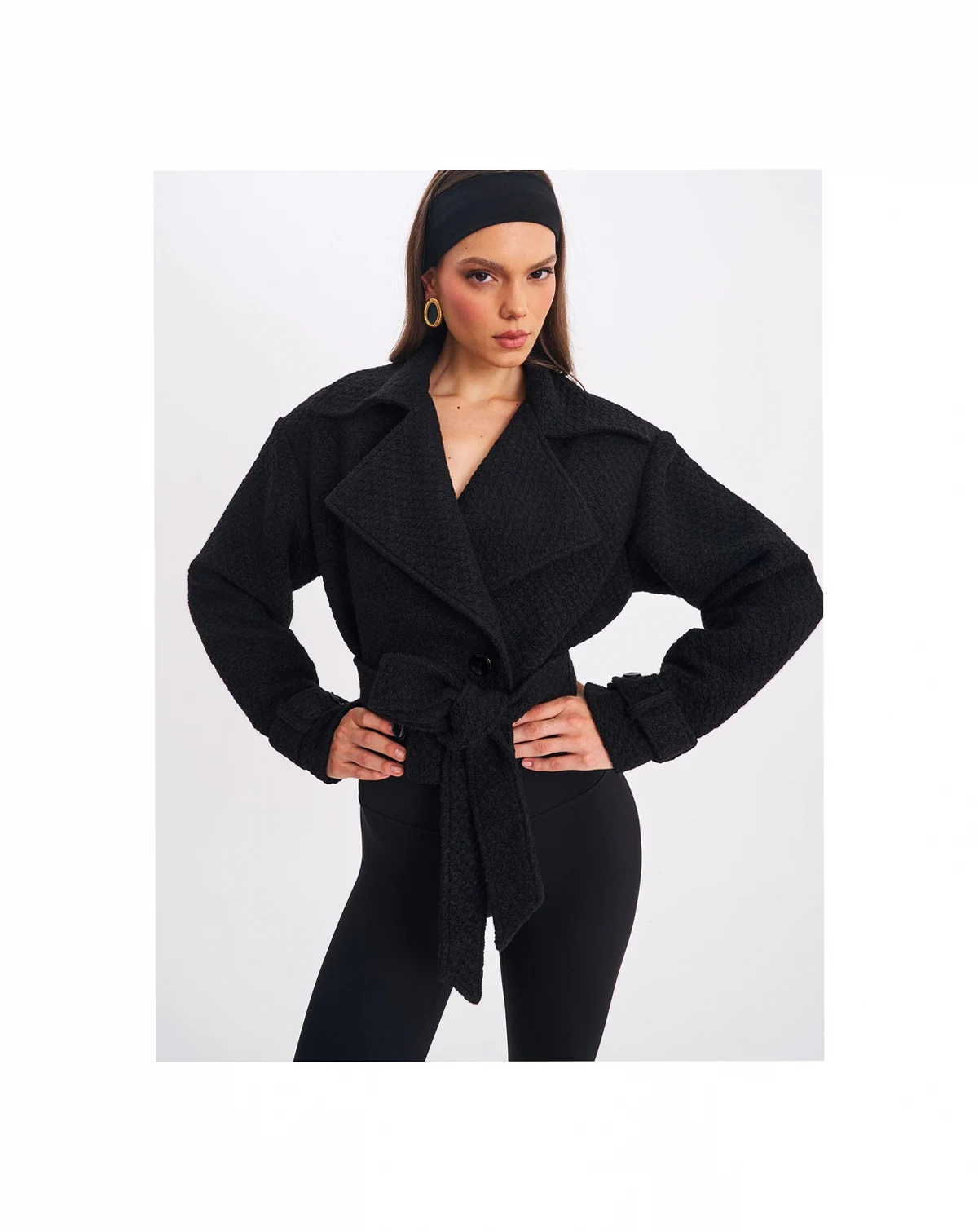 Women's Dara Black Wool Blend Cropped Double-Breasted Belted Coat
