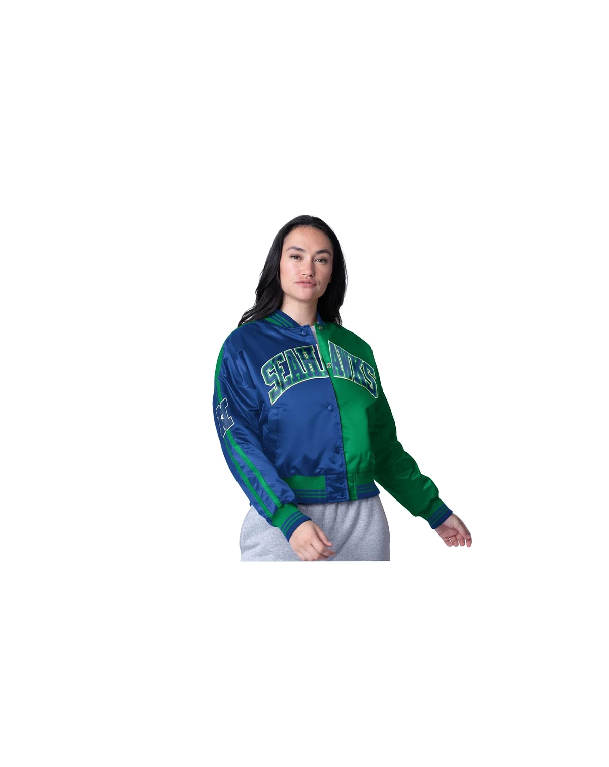 Women's College Navy/Neon Green Seattle Seahawks Zone Blitz Cropped Full-Snap Satin Jacket