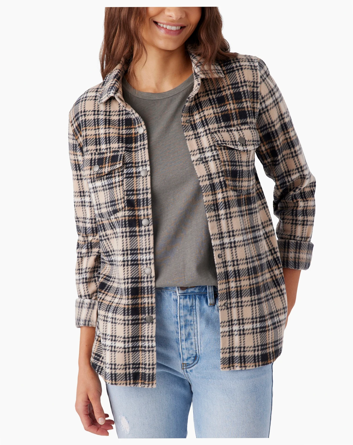 Juniors' Zuma Button-Front Plaid Sleeve Shirt