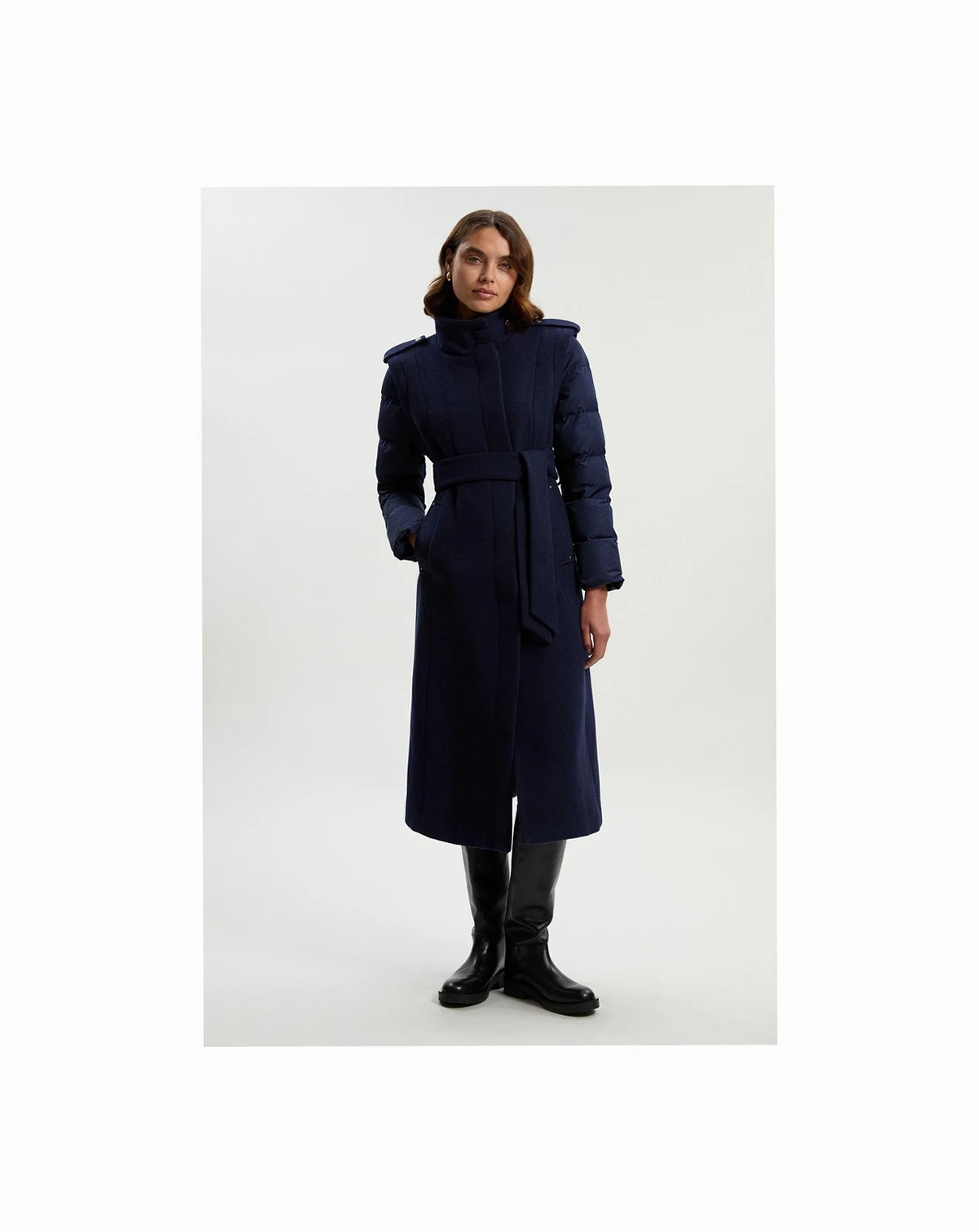 Women's Wool High Neck Puffer Belted Midi Coat