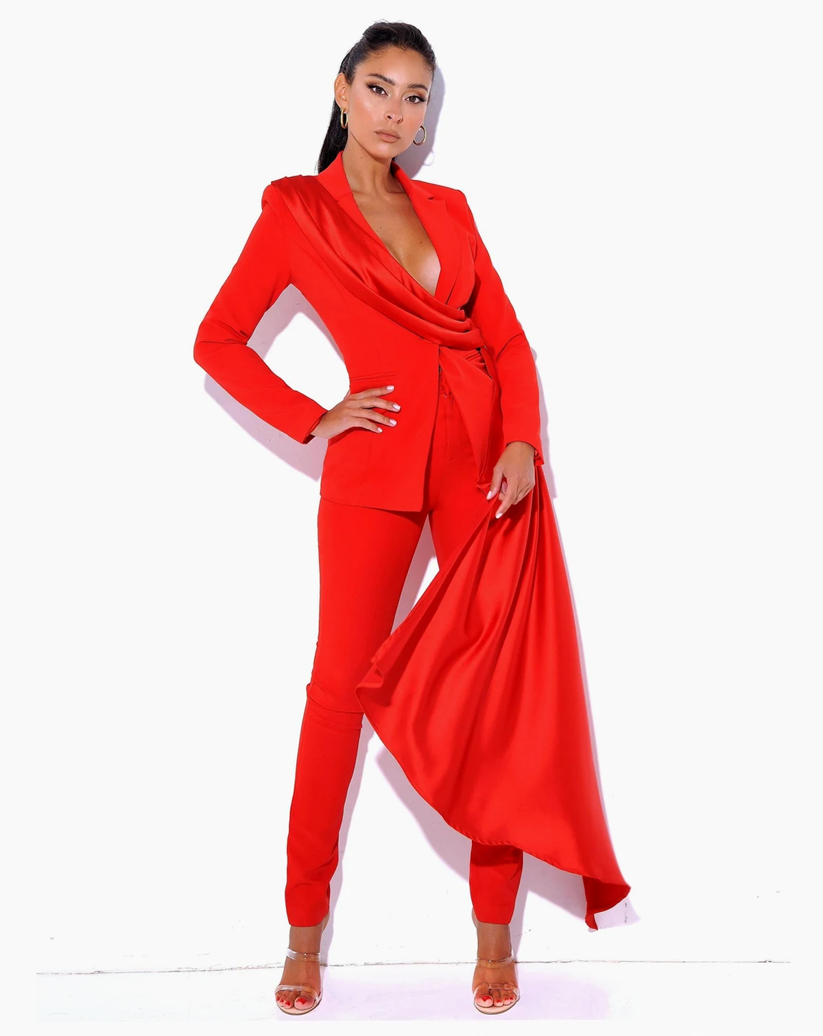 Women's Vayla Red Skinny Fit Crepe Trousers