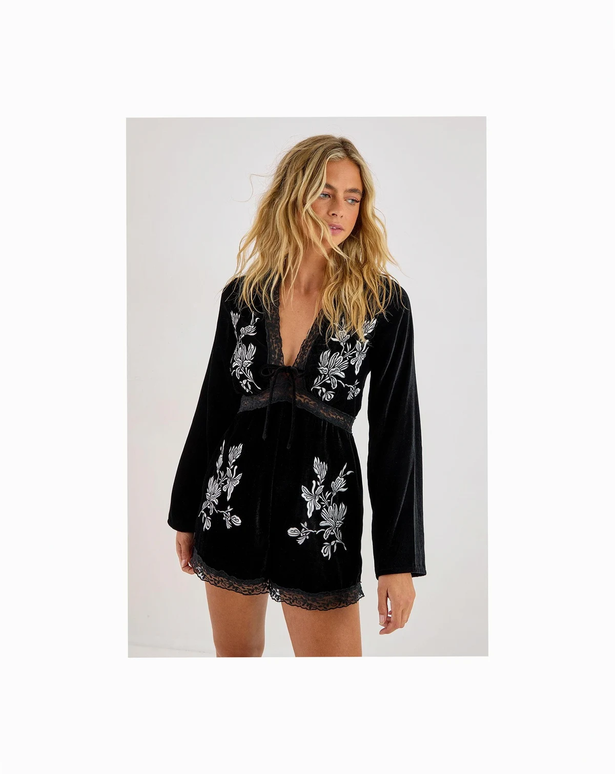 Women's Velvet Embroidered Lace Trim Romper