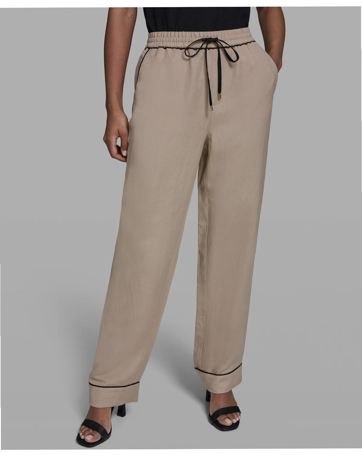 Women's Mid-Rise Contrast Trim Drawstring Pull-On Linen-Blend Pants