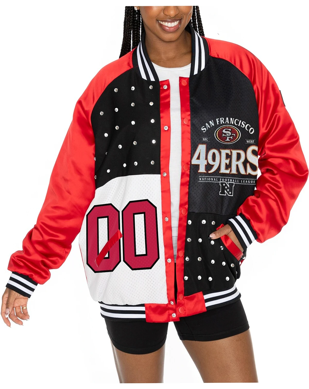 Women's Scarlet/Black San Francisco 49ers Oversized Hot Shot Rhinestone Throwback Full-Snap Varsity Bomber Jacket