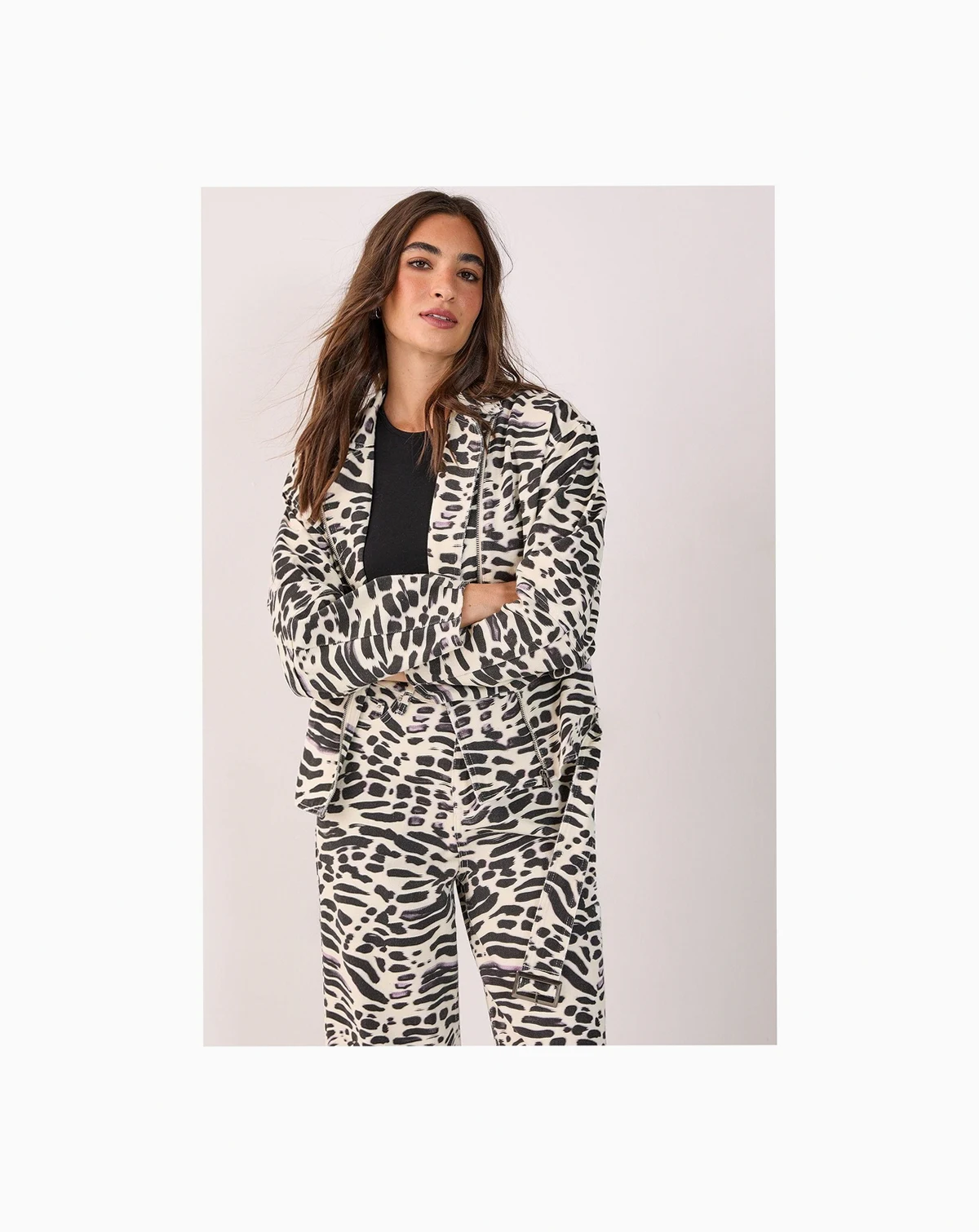 Women's Denim Animal Print Biker Jacket