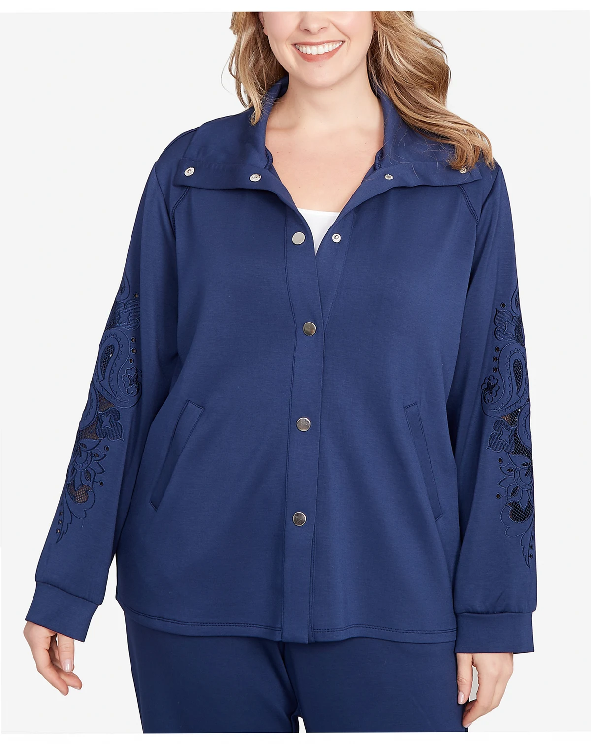 Plus Size Embroidered Floral Cutout Snap Jacket