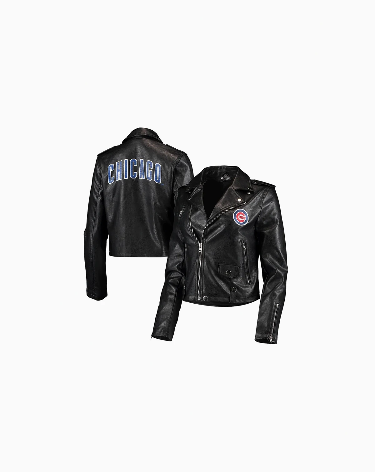 Women's Black Chicago Cubs Faux Leather Moto Full-Zip Jacket