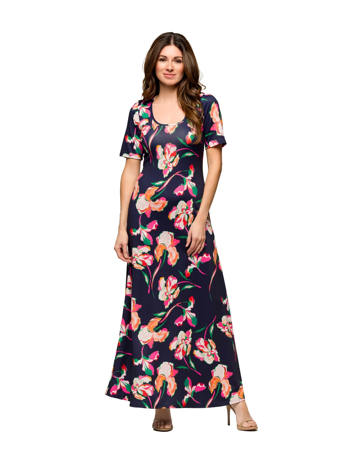 Women's Navy Floral Print Elbow Sleeve Casual A Line Maxi Dress