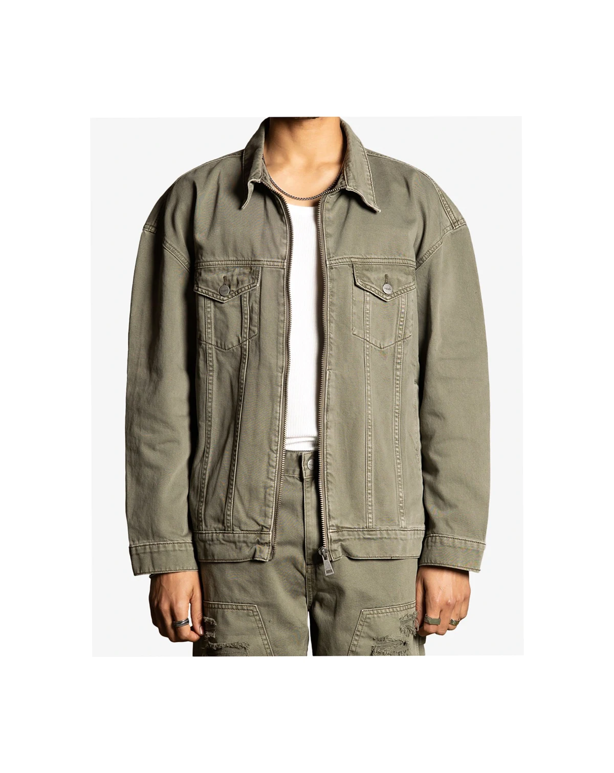 Men's Oversized Denim Jacket, Beige/Khaki-Medium