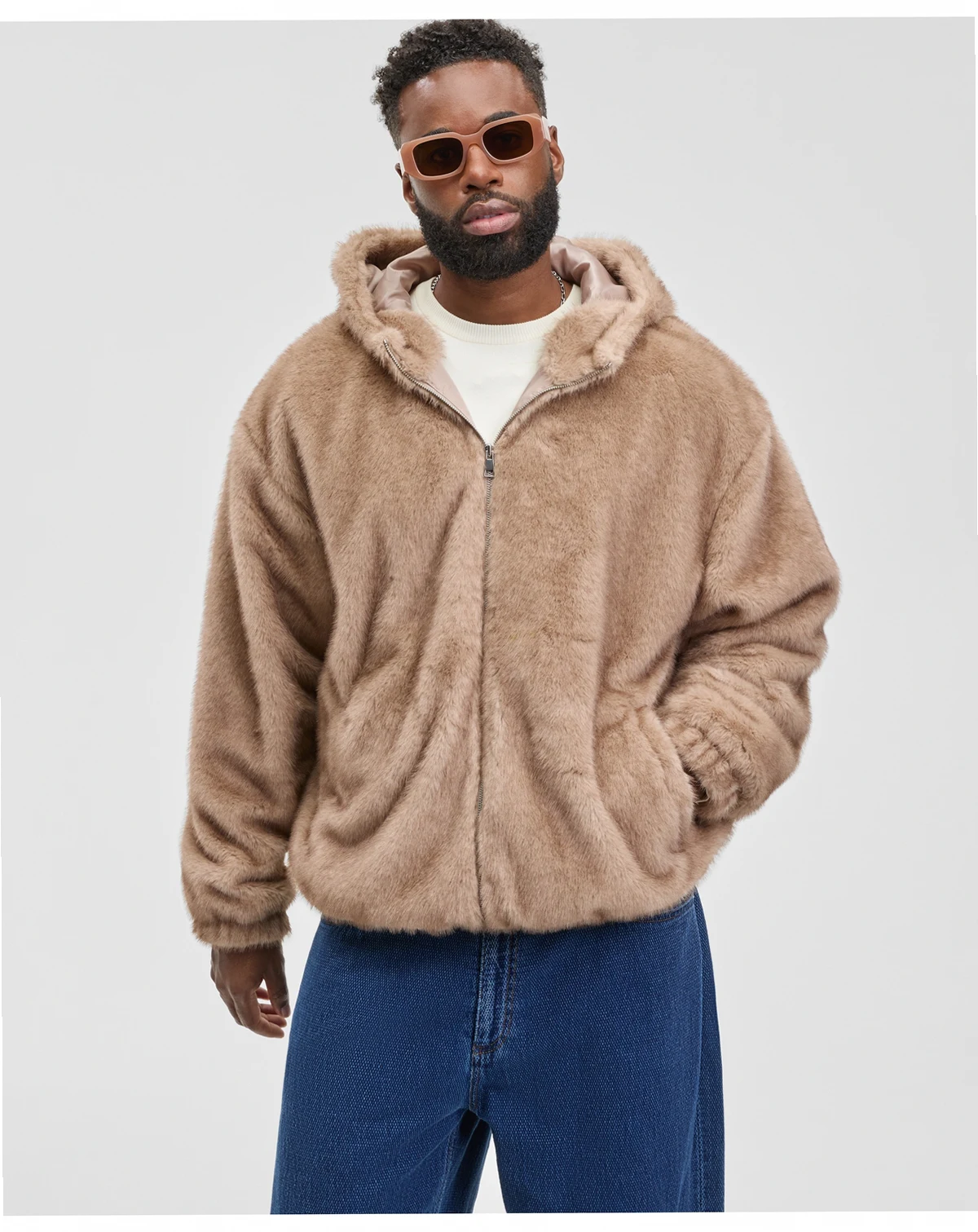 Men's Relaxed Fit Long Sleeve Zip-Front Faux Fur Hoodie, Macy's Exclusive