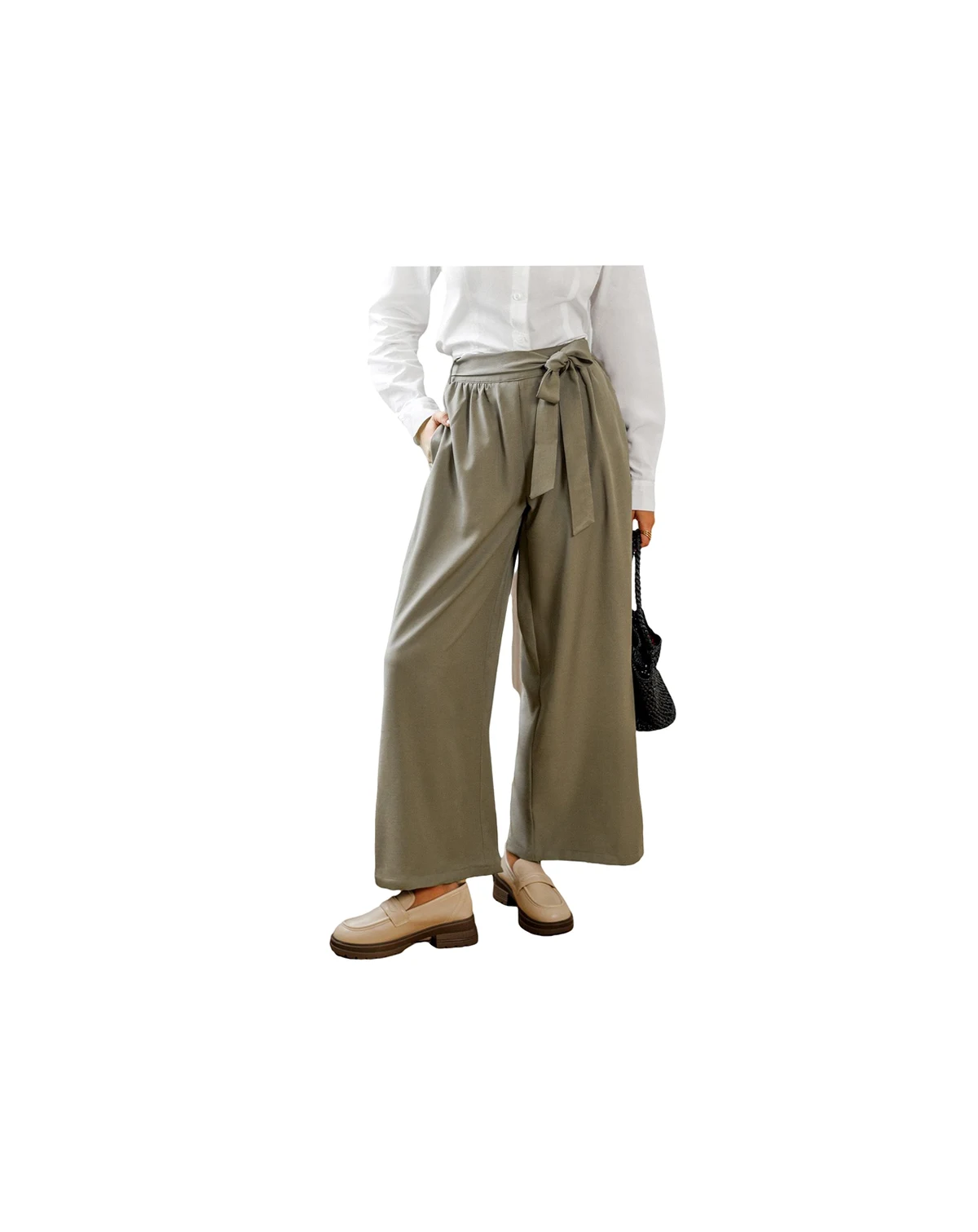 Women's Pleated Wide-Leg Pants with Waist Tie