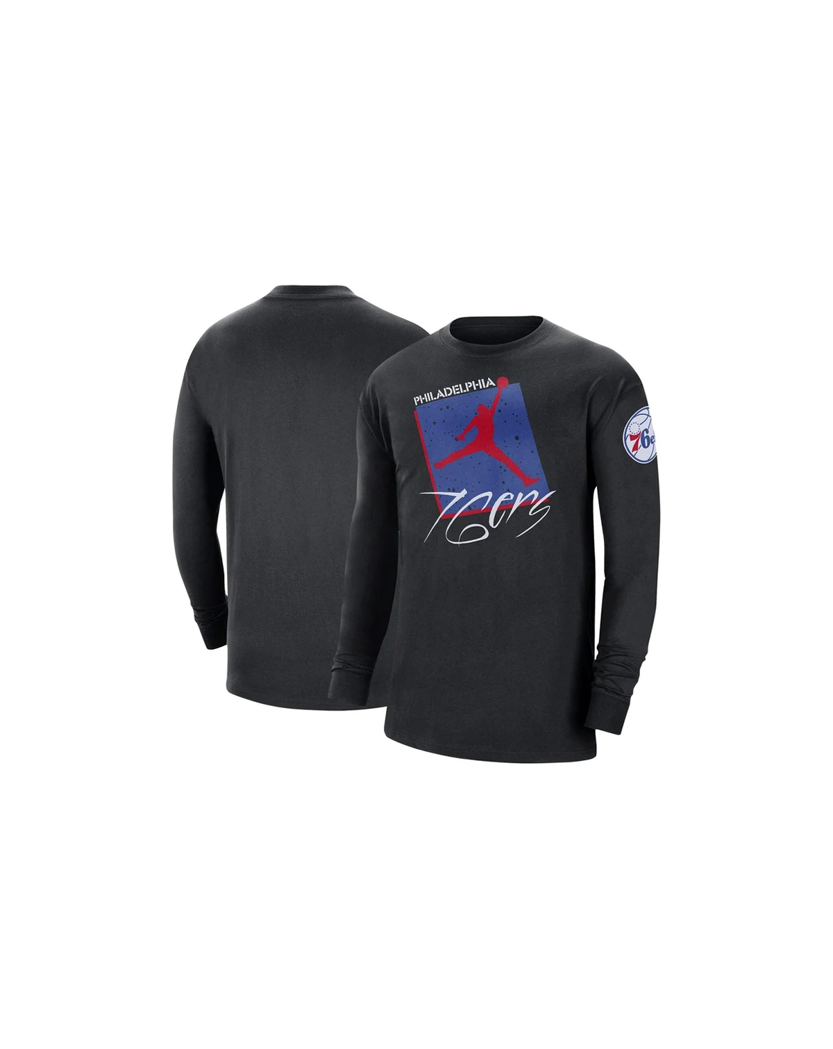 Men's Black Distressed Philadelphia 76ers Courtside Max 90 Vintage-Like wash Statement Edition Long Sleeve T-shirt