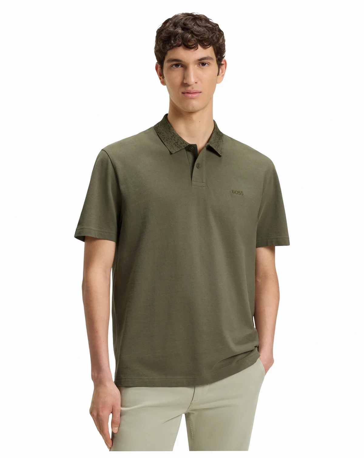 Men's Patterned Collar Cotton-Pique Polo Shirt