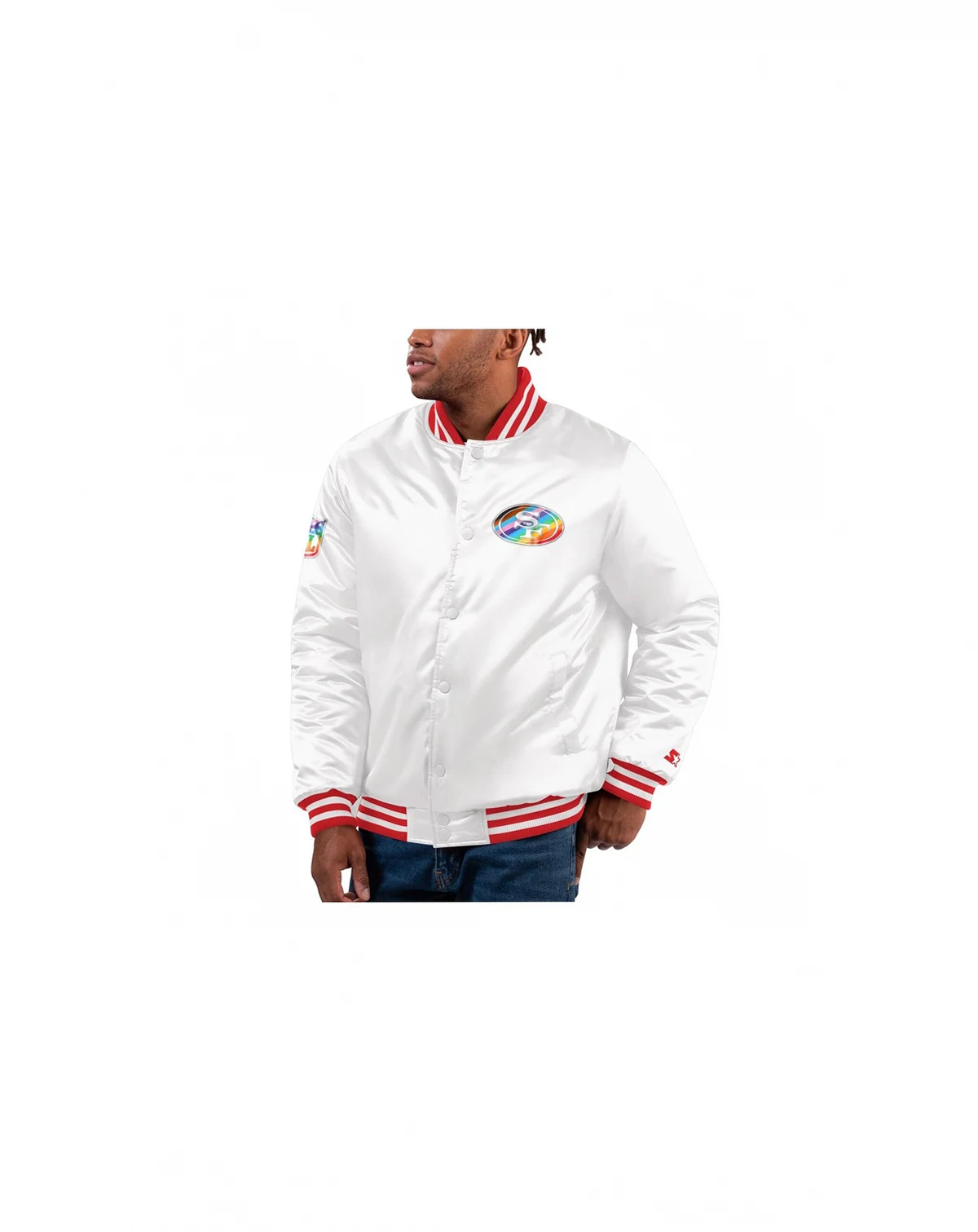 Men's White Distressed San Francisco 49ers Pride Full-Snap Varsity Jacket