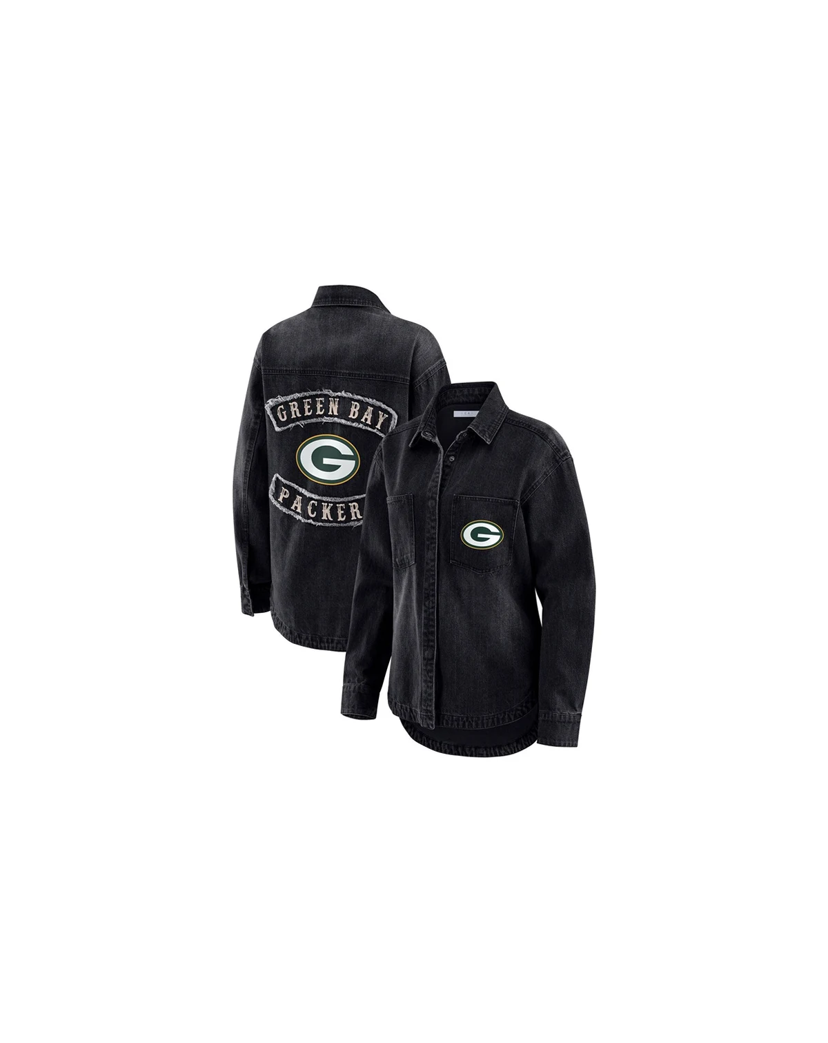 Women's Black Green Bay Packers Washed Oversized Denim Full-Snap Shacket