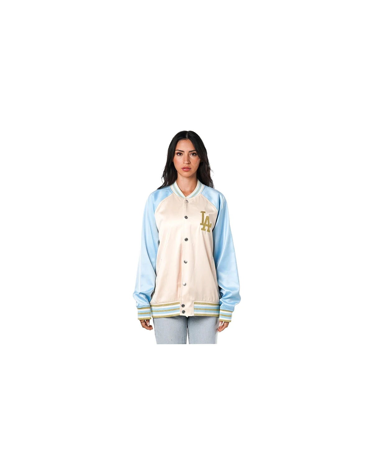 Women's Cream Los Angeles Dodgers Oversized Satin Raglan Full-Snap Bomber Jacket