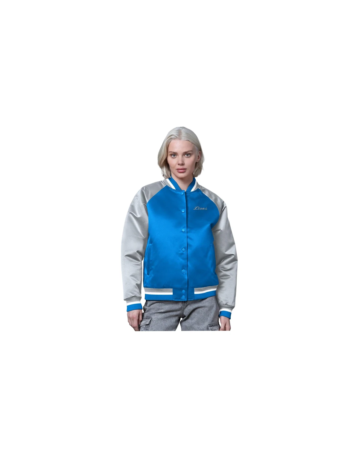 Women's Blue/Silver Detroit Lions Satin Full-Snap Vintage Varsity Jacket