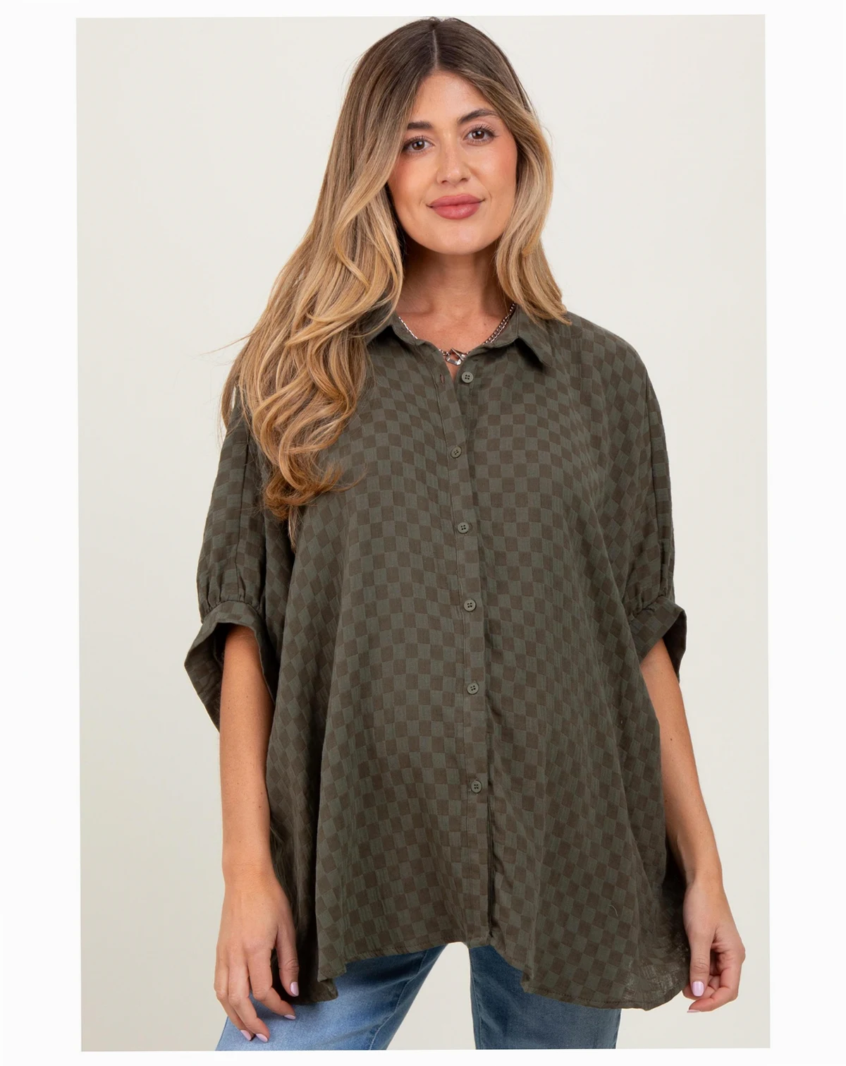 Maternity Olive Checker Print Short Sleeve Oversized Blouse