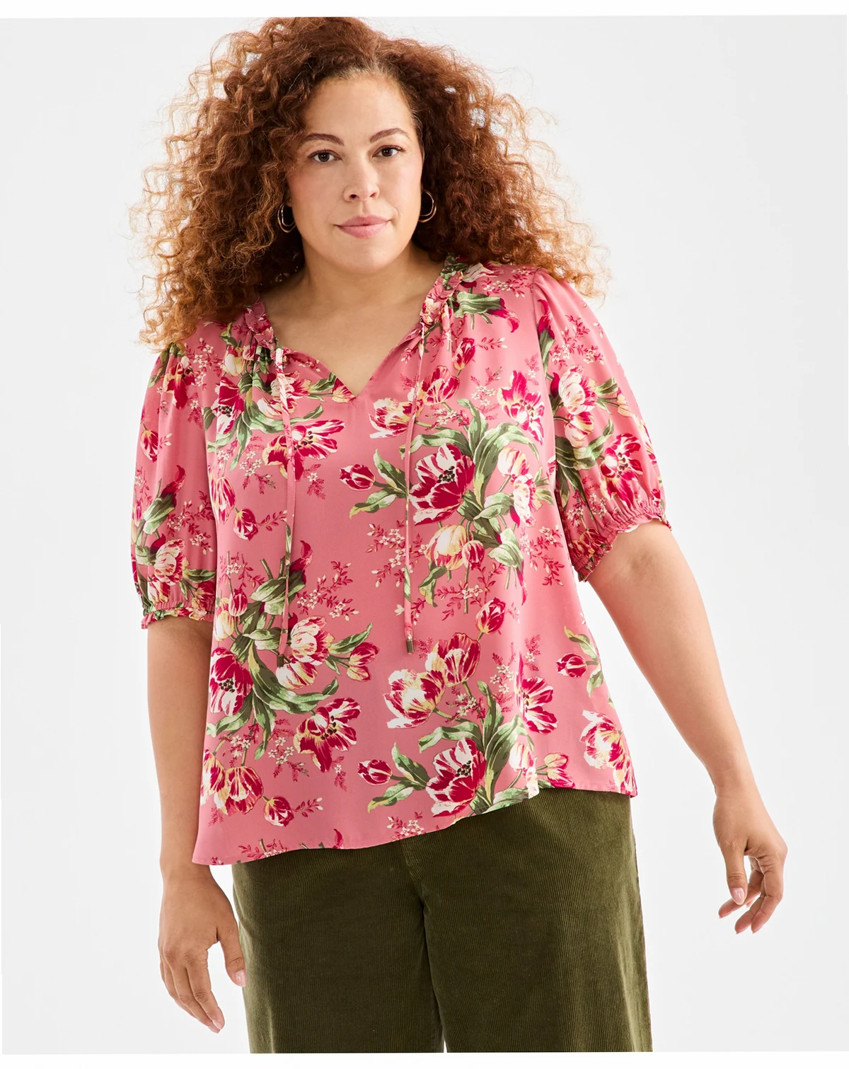 Plus Size Floral Printed Puff-Sleeve Blouse, Macy's Exclusive