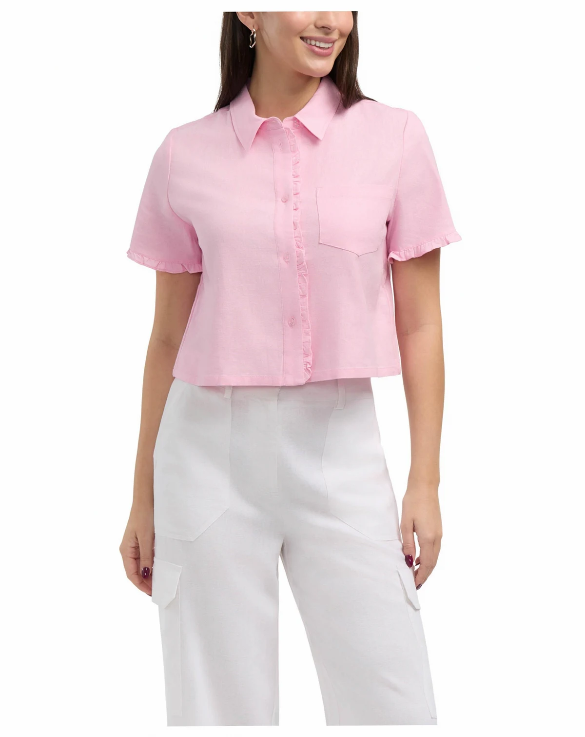 Women's Button Front Shirt with Ruffle Detail