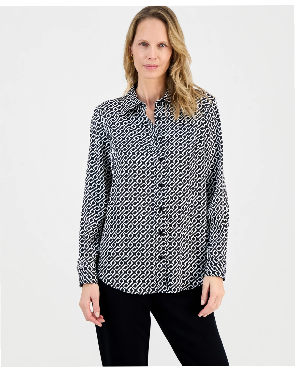 Women's Geometric-Print Button-Front Shirt, Regular & Petite