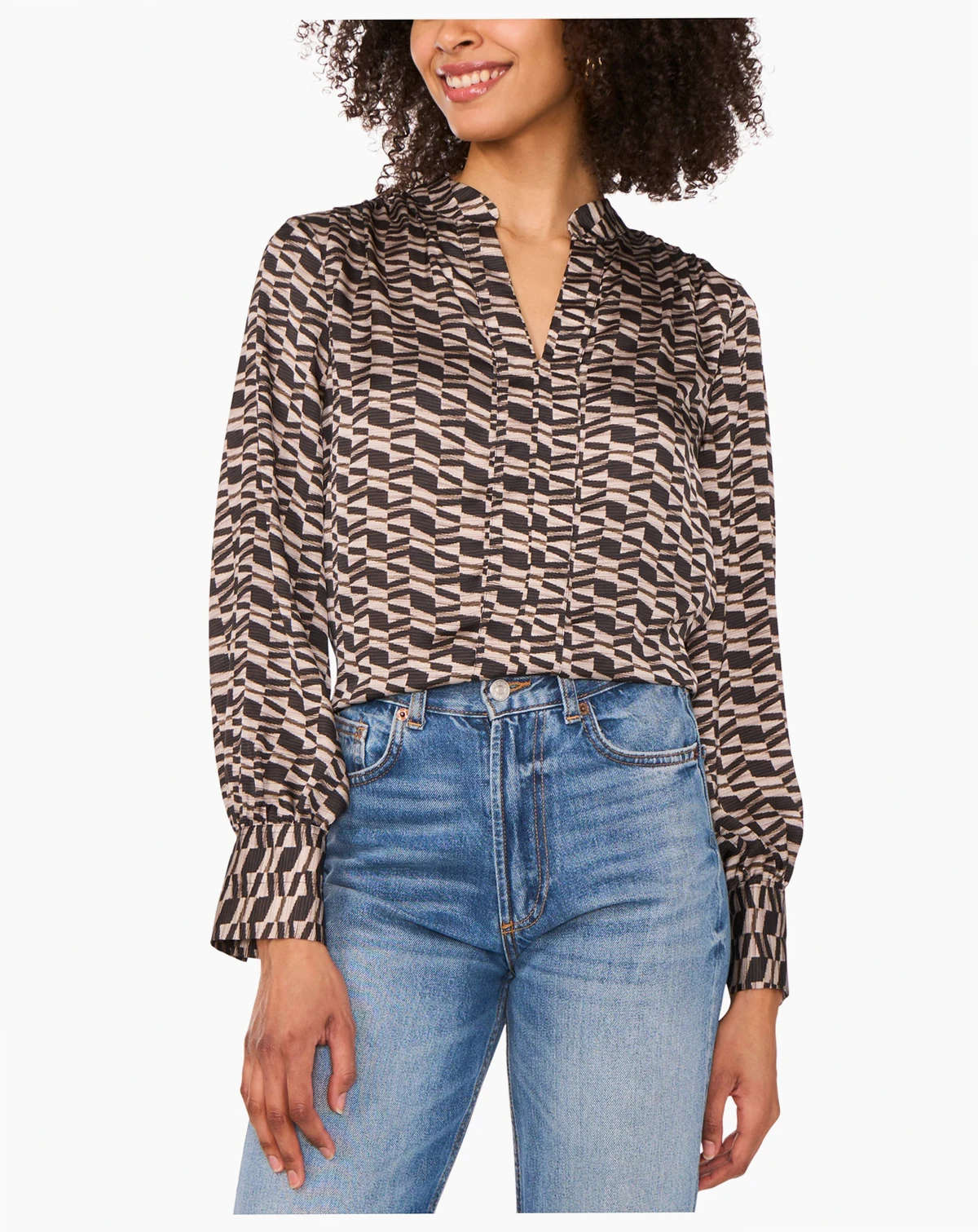 Women's Printed Split-Neck Wide-Cuff Blouse