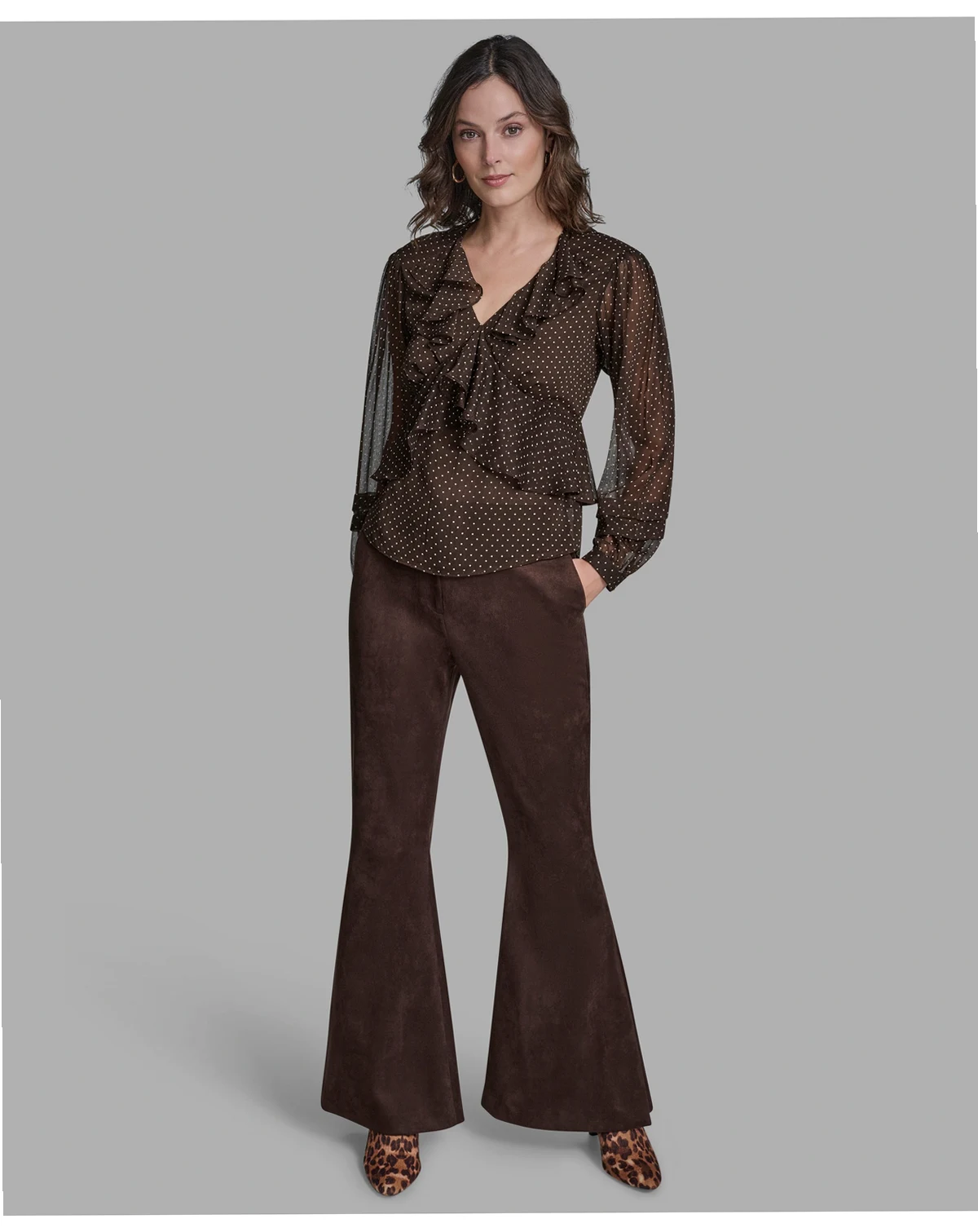 Women's Polka Dot Long Sleeve V-Neck Blouse