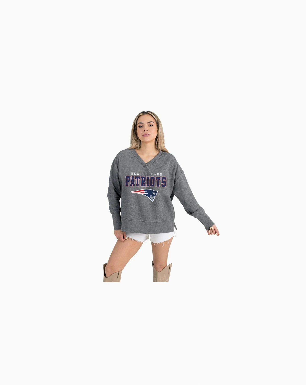 Women's Gray New England Patriots French Terry V-Neck Pullover Sweatshirt
