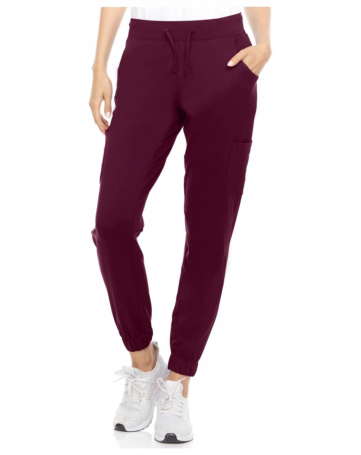 Women's Scrubs Mid Rise Six Pocket Yoga Scrub Joggers, Wine Large
