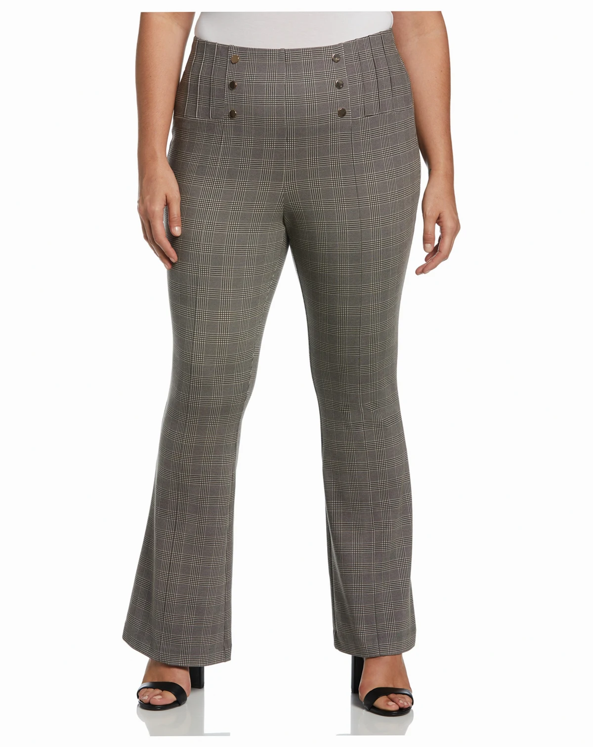 Plus Size Button Detail Plaid Bootcut Pants