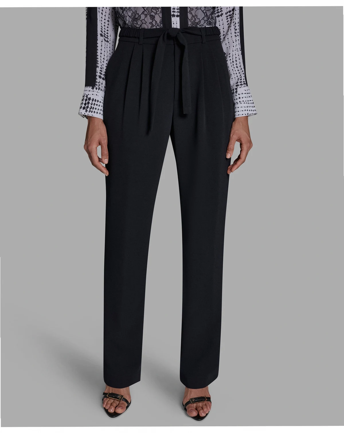 Women's Mid-Rise Tie-Waist Pleated Straight Leg Pants