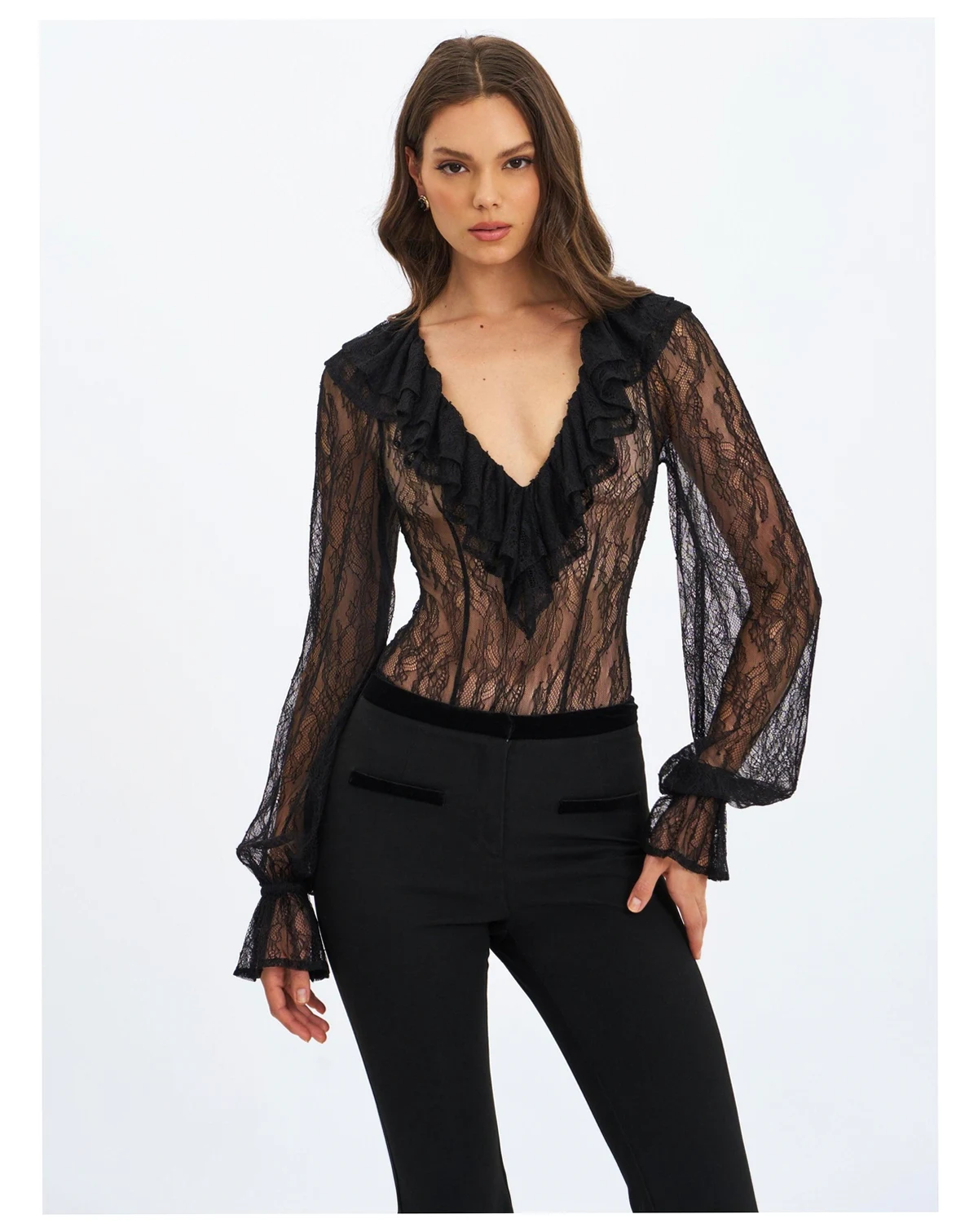 Women's Taliah Black Sheer Lace Ruffled Collar Bodysuit