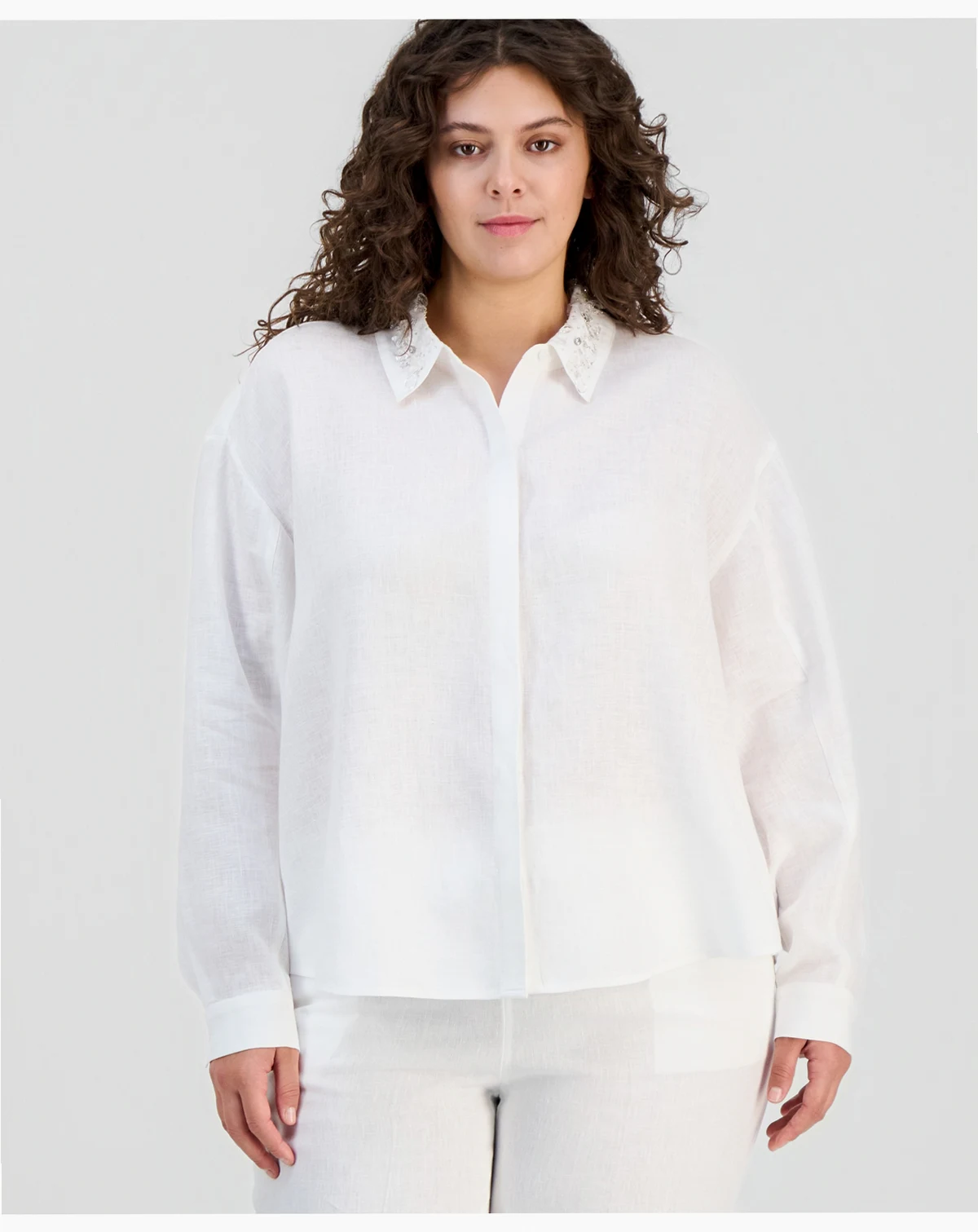 Women's Embellished-Collar 100% Linen Shirt, Macy's Exclusive