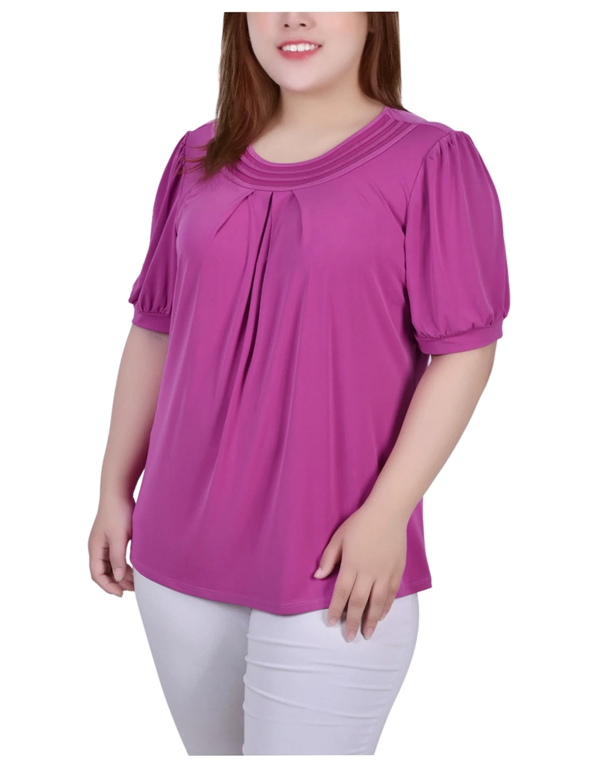 Plus Size Short Puff Sleeve Sheer Inset Top