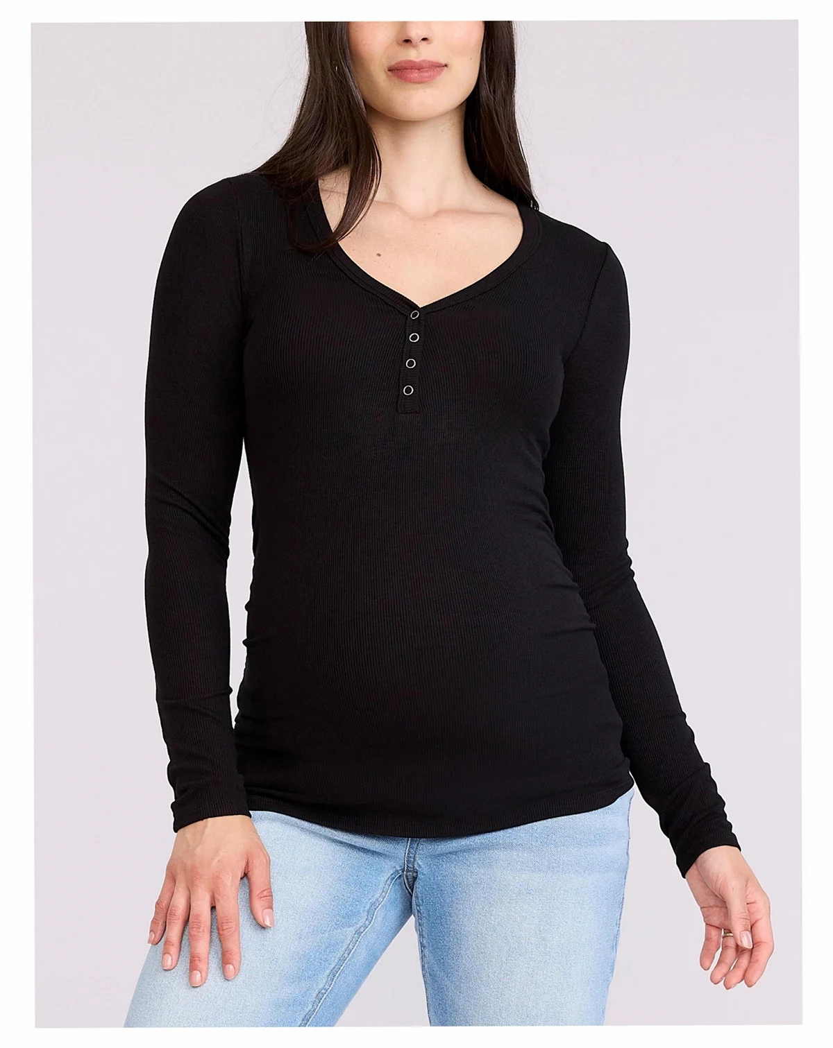 Women's V-Neck Side-Ruched Long Sleeve Henley Tee - Motherhood Maternity