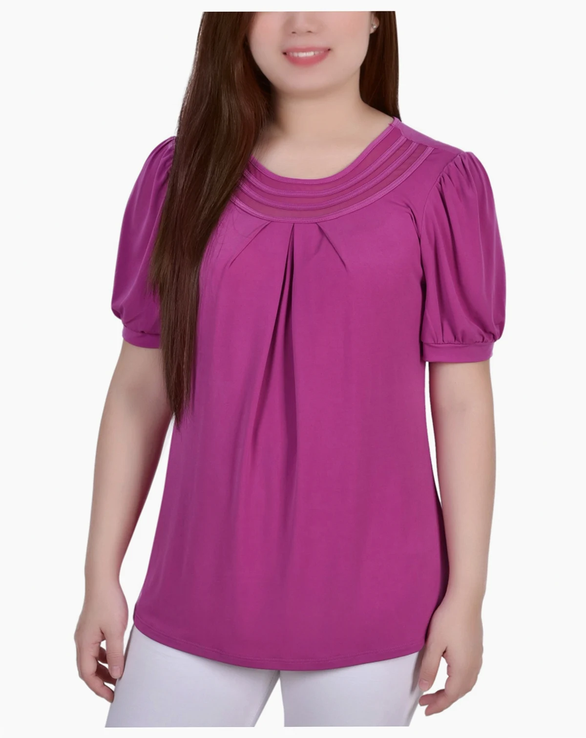 Women's Short Puff Sleeve Sheer Inset Top