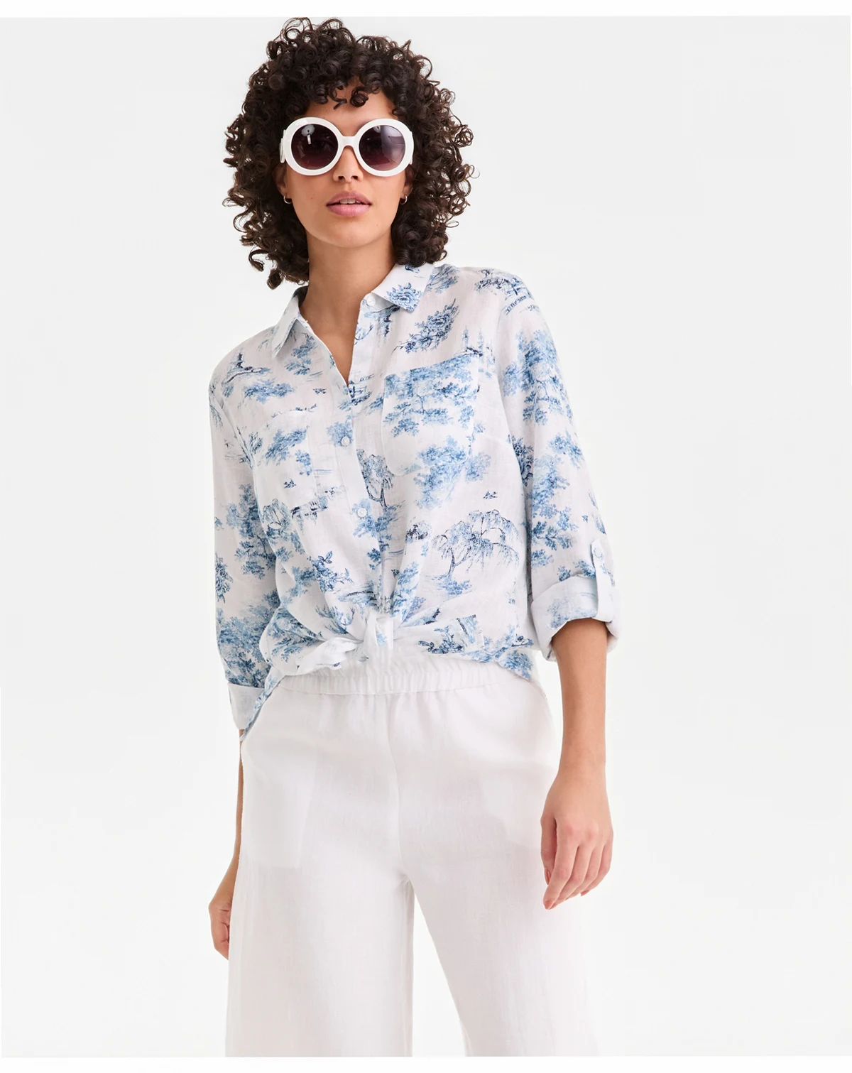 Women's 100% Linen Print Roll-Tab Shirt, Created for Macy's