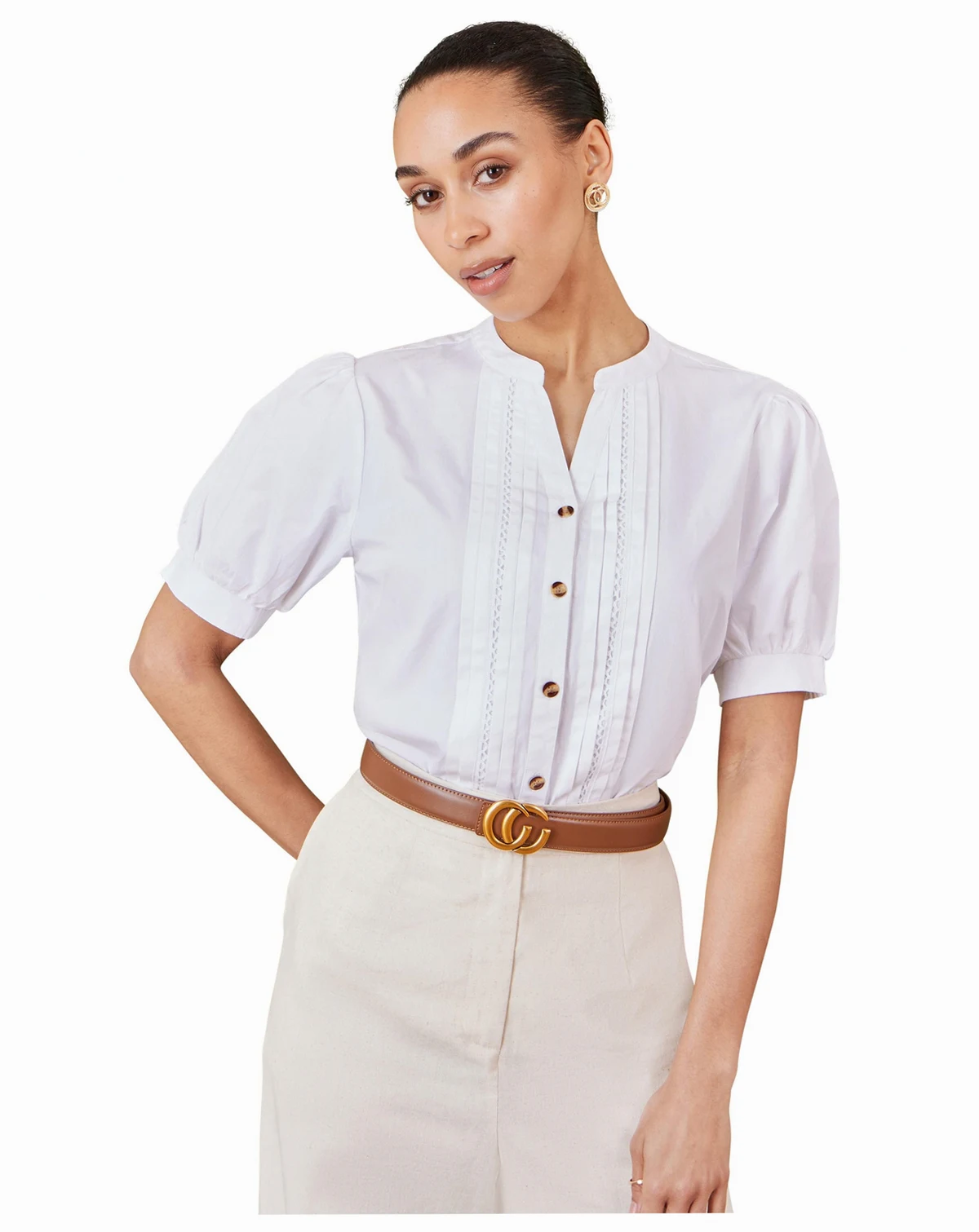 Women's Cotton Pleated Short Sleeve Shirt