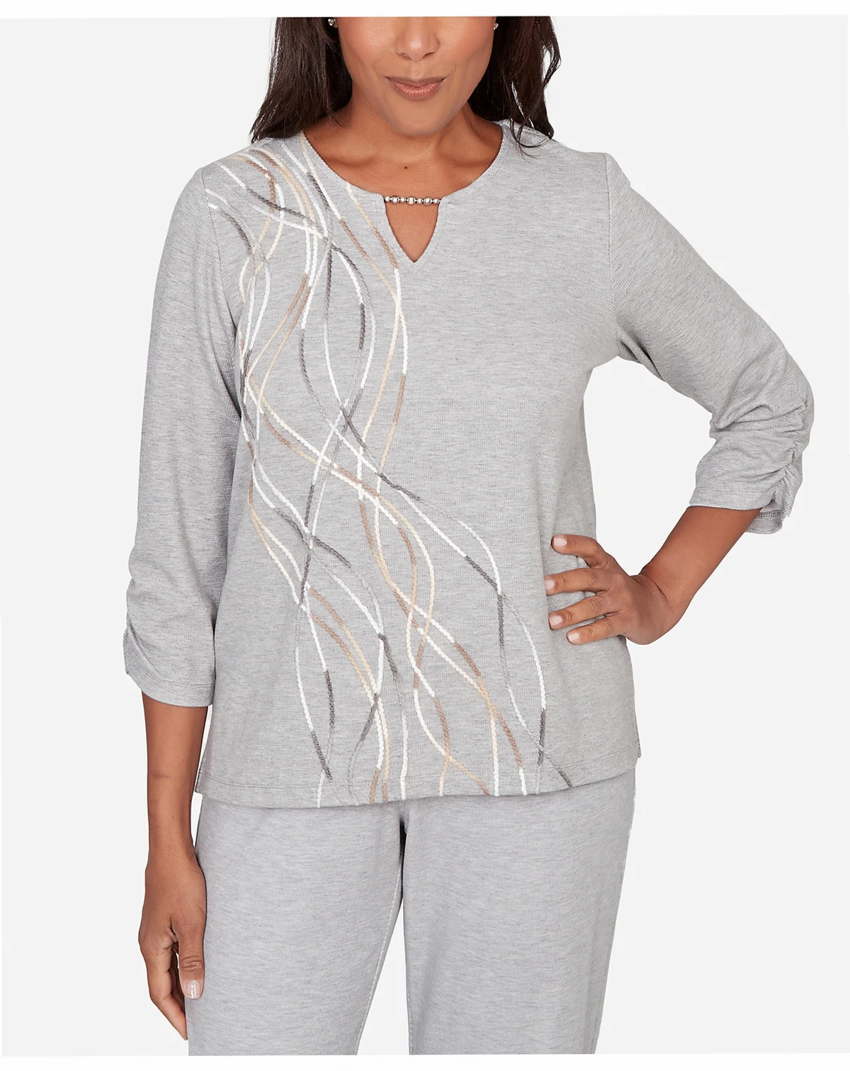 Women's Comfort & Joy Metallic Swirl Embroidered Split Neck Top