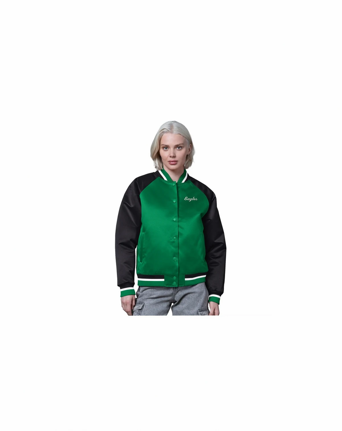 Women's Kelly Green/Black Philadelphia Eagles Satin Full-Snap Vintage Varsity Jacket
