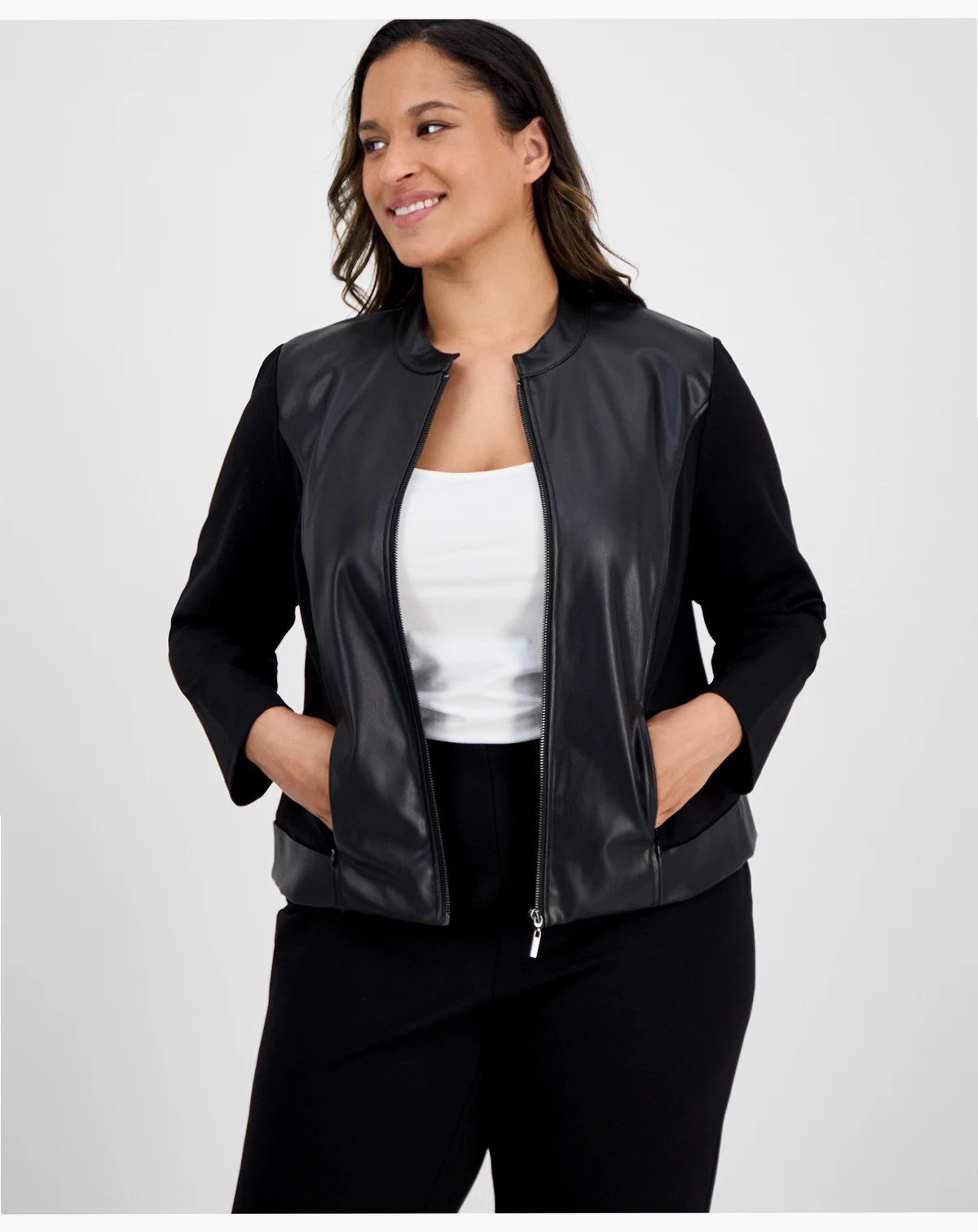 AK Anne Klein Plus Size Mixed-Media Zip-Front Jacket