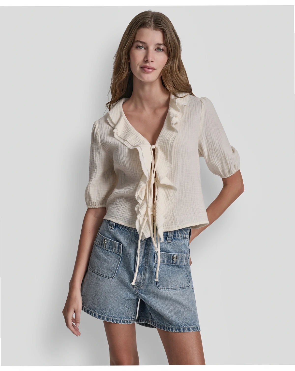 Women's V-Neck Short Puff-Sleeve Tie-Front Shirt
