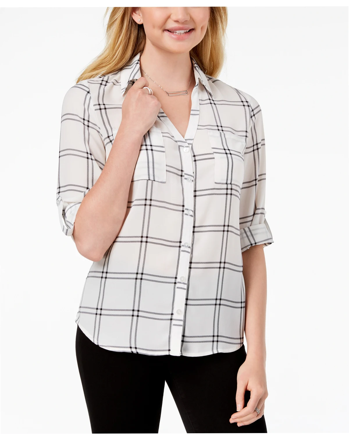 Juniors' Roll-Tab-Sleeve Printed Top