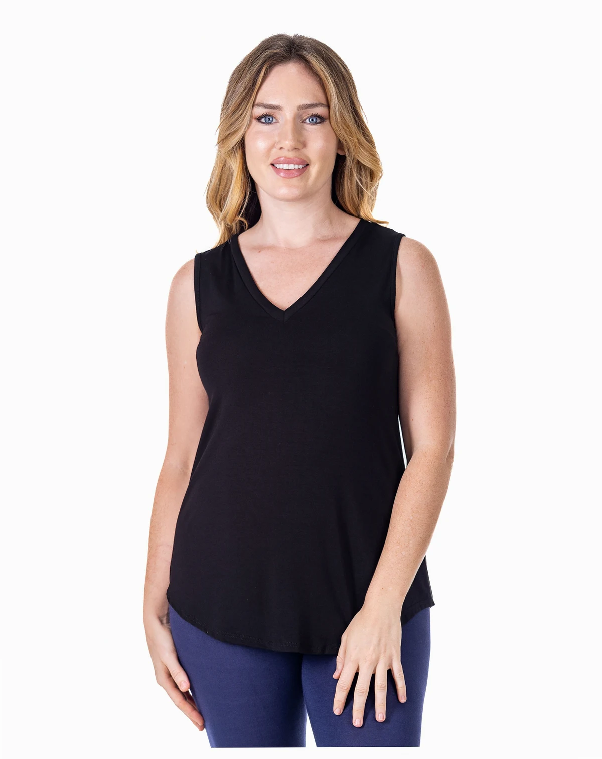 Petite V-Neck Tunic Tank Top with Round Hemline