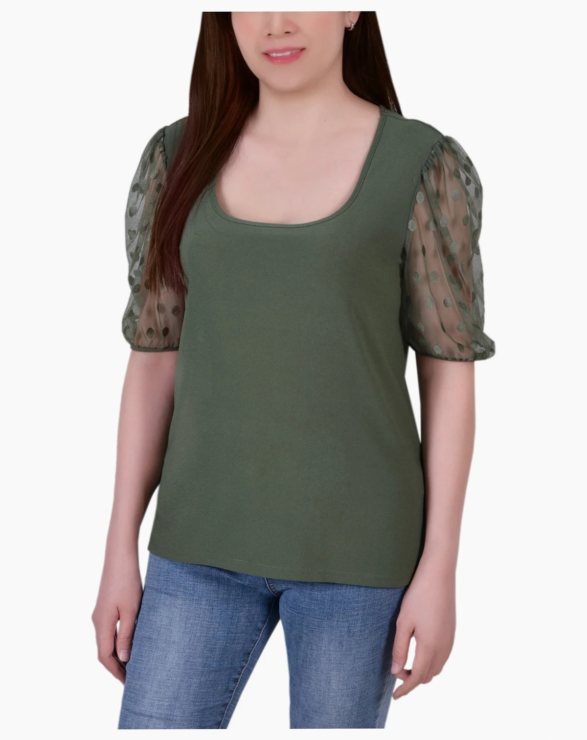 Petite Mesh Dot Elbow Sleeve Crepe Top
