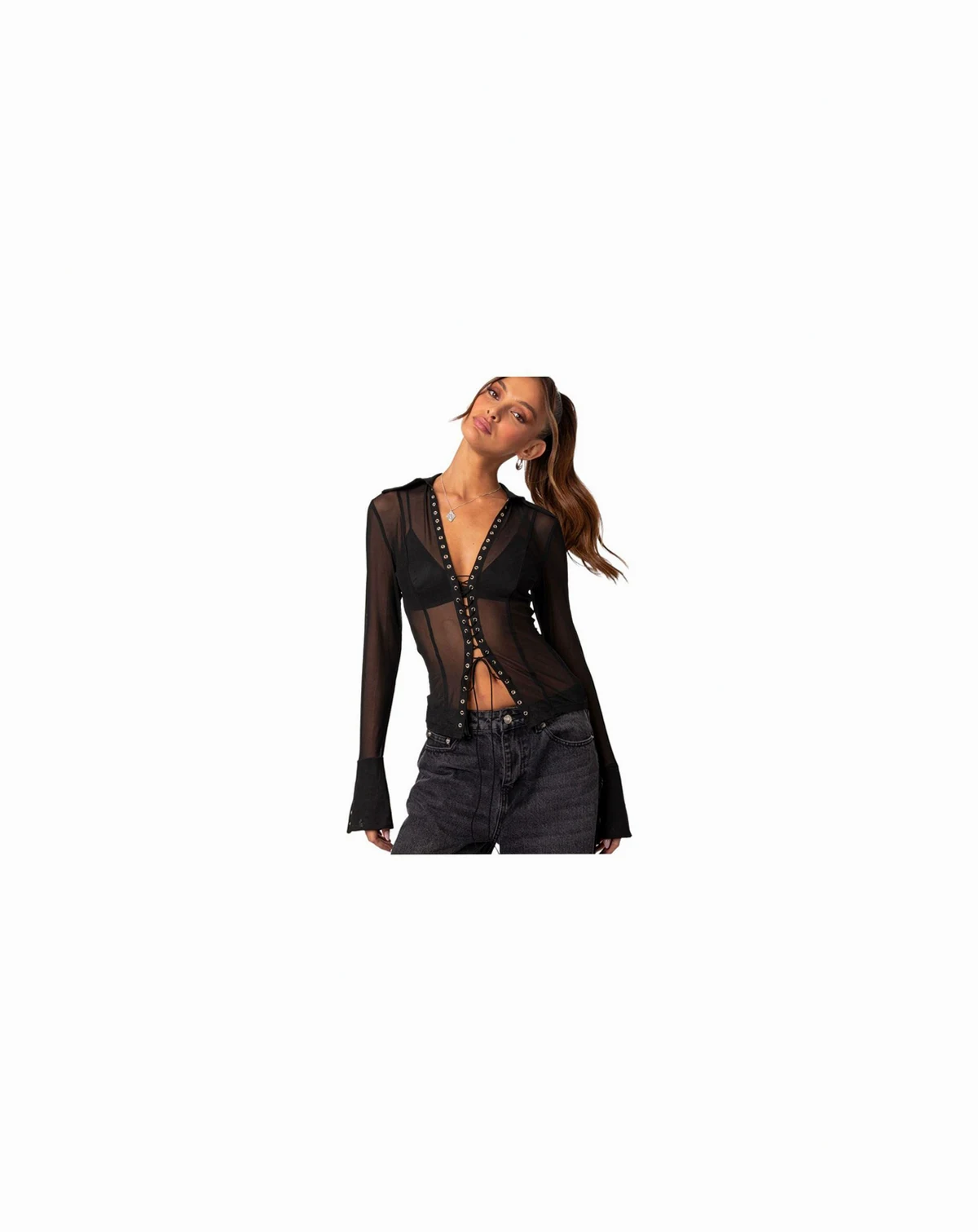 Women's Lace up sheer mesh top
