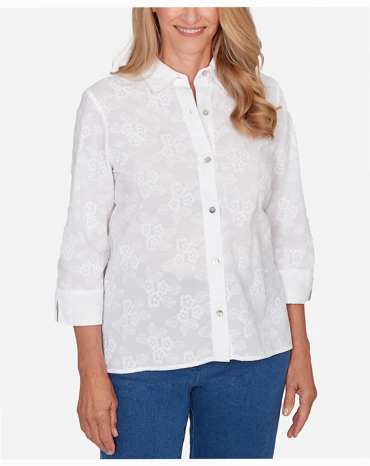 Women's Classic Collared Flower Embroidered Button Down Top