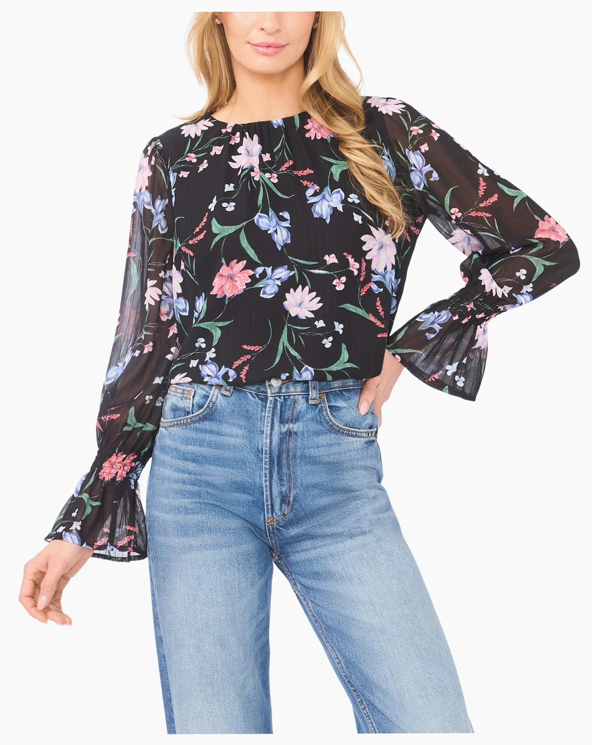 Women's Smocked Cuff Crewneck Blouse