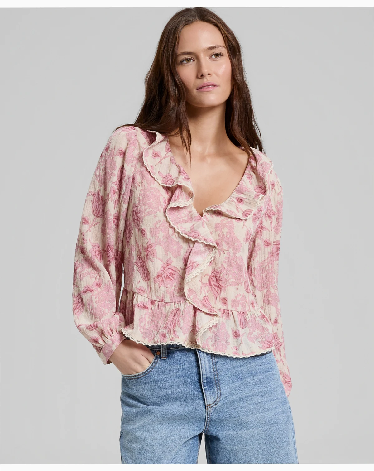 Petite Lace Trim V-Neck Ruffle Top, Macy's Exclusive