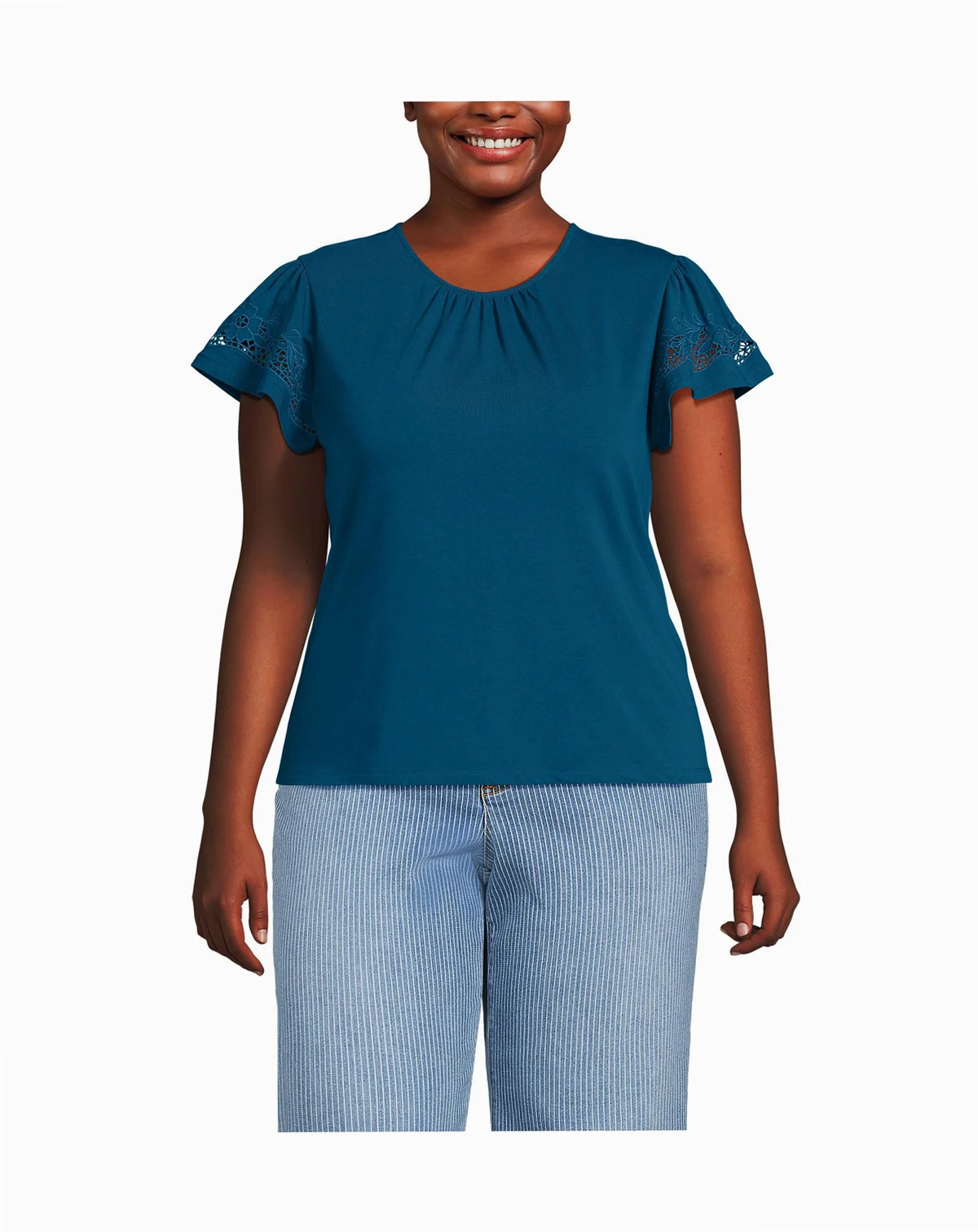 Women's Plus Size Lightweight Jersey Crew Neck Ruffle Sleeve Flowy Top